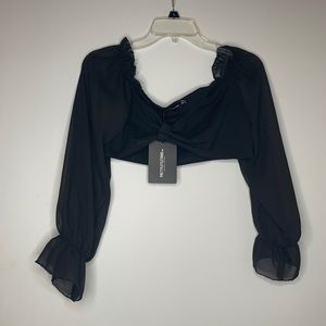 Black Bardot chiffon flare sleeve crop